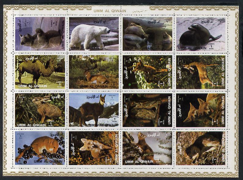 Umm Al Qiwain 1972 Animals #1 sheetlet containing 16 values unmounted mint (Mi 1130-45), stamps on , stamps on  stamps on animals   bears    seal    camel    deer    rabbit    llama, stamps on  stamps on  fox , stamps on  stamps on foxes, stamps on  stamps on    squirrel, stamps on  stamps on  fox , stamps on  stamps on foxes, stamps on  stamps on  