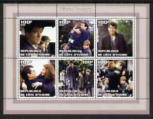Ivory Coast 2002 Pierce Brosnan perf sheetlet containing 6 values unmounted mint, stamps on films, stamps on cinema, stamps on personalities, stamps on 