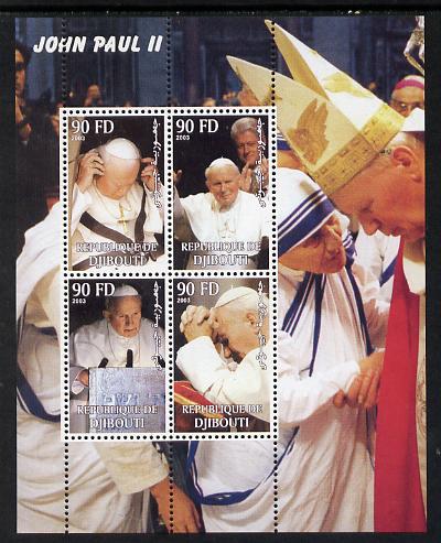 Djibouti 2003 Pope John Paul II perf sheetlet containing 4 values unmounted mint. Note this item is privately produced and is offered purely on its thematic appeal, stamps on , stamps on  stamps on personalities, stamps on  stamps on popes, stamps on  stamps on religion, stamps on  stamps on teresa, stamps on  stamps on usa presidents, stamps on  stamps on nobel, stamps on  stamps on americana, stamps on  stamps on clinton