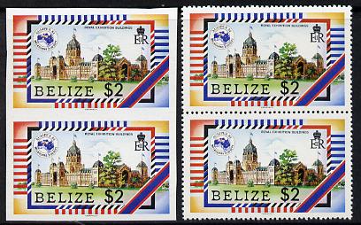 Belize 1984 'Ausipex' Stamp Exhibition $2 (Exhibition Building) unmounted mint imperf pair plus normal pair, as SG 797, stamps on , stamps on  stamps on buildings, stamps on  stamps on stamp exhibitions