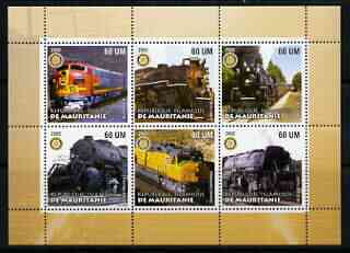 Mauritania 2002 Railway Locos #5 perf sheetlet containing 6 values each with Rotary logo, unmounted mint, stamps on , stamps on  stamps on railways, stamps on  stamps on rotary