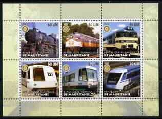 Mauritania 2002 Railway Locos #1 perf sheetlet containing 6 values each with Rotary logo, unmounted mint, stamps on railways, stamps on rotary