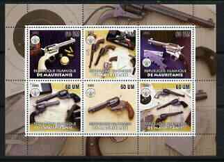 Mauritania 2002 Firearms #2 perf sheetlet containing 6 values each with Scouts logo, unmounted mint, stamps on militaria, stamps on scouts