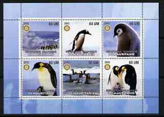 Mauritania 2002 Penguins #1 perf sheetlet containing 6 values each with Rotary logo, unmounted mint, stamps on , stamps on  stamps on birds, stamps on  stamps on penguins, stamps on  stamps on polar, stamps on  stamps on rotary