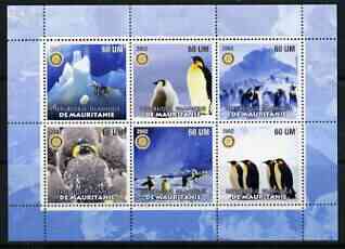 Mauritania 2002 Penguins #2 perf sheetlet containing 6 values each with Rotary logo, unmounted mint, stamps on , stamps on  stamps on birds, stamps on  stamps on penguins, stamps on  stamps on polar, stamps on  stamps on rotary