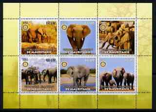 Mauritania 2002 Elephants #1 perf sheetlet containing 6 values each with Rotary logo, unmounted mint, stamps on , stamps on  stamps on elephants, stamps on  stamps on animals, stamps on  stamps on rotary