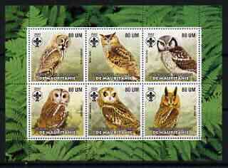 Mauritania 2002 Birds of Prey #6 perf sheetlet containing 6 values (Owls) each with Scout logo unmounted mint, stamps on , stamps on  stamps on birds, stamps on  stamps on birds of prey, stamps on  stamps on owls, stamps on  stamps on scouts