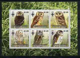 Mauritania 2002 Birds of Prey #7 perf sheetlet containing 6 values (Owls) each with Scout logo unmounted mint, stamps on , stamps on  stamps on birds, stamps on  stamps on birds of prey, stamps on  stamps on owls, stamps on  stamps on scouts