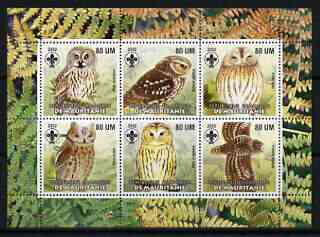 Mauritania 2002 Birds of Prey #8 perf sheetlet containing 6 values (Owls) each with Scout logo unmounted mint, stamps on birds, stamps on birds of prey, stamps on owls, stamps on scouts