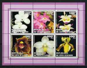 Ivory Coast 2002 Orchids #1 (violet border) perf sheetlet containing 6 values unmounted mint, stamps on flowers, stamps on orchids