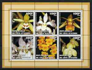 Ivory Coast 2002 Orchids #2 (brown border) perf sheetlet containing 6 values unmounted mint, stamps on flowers, stamps on orchids