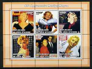 Ivory Coast 2002 Marilyn Monroe 40th Death Anniversary #1 perf sheetlet containing 6 values unmounted mint, stamps on , stamps on  stamps on movies, stamps on  stamps on films, stamps on  stamps on cinema, stamps on  stamps on women, stamps on  stamps on marilyn monroe, stamps on  stamps on 