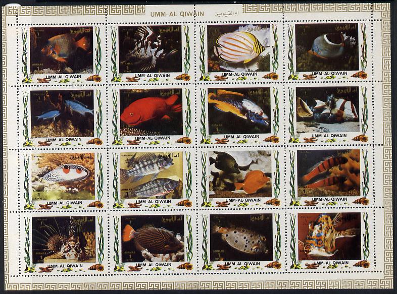 Umm Al Qiwain 1972 Fish #1 sheetlet containing 16 values (Mi 1306-21) unmounted mint, stamps on , stamps on  stamps on fish       marine-life     shells 