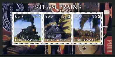 Eritrea 2002 Steam Locos #03 perf sheetlet containing set of 3 values each with Rotary Logo unmounted mint, stamps on , stamps on  stamps on railways, stamps on  stamps on rotary