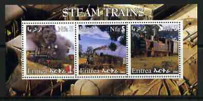 Eritrea 2002 Steam Locos #06 perf sheetlet containing set of 3 values each with Rotary Logo unmounted mint, stamps on , stamps on  stamps on railways, stamps on  stamps on rotary