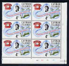 Cayman Islands 1966 International Telephone Links 4d unmounted mint plate block of 6 including R11/5 flaw by second 's' of 'Islands', Shelly V41 (SG 198var)