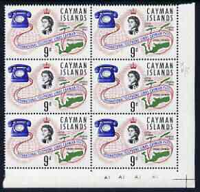 Cayman Islands 1966 International Telephone Links 9d unmounted mint plate block of 6 including R11/5 flaw by second 's' of 'Islands', Shelly V42 (SG 199var), stamps on , stamps on  stamps on communications, stamps on  stamps on telephones