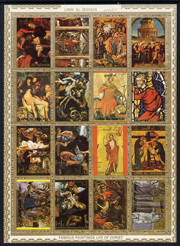 Umm Al Qiwain 1972 Paintings (Life of Christ #1) sheetlet containing 16 values (Mi 970-85) unmounted mint, stamps on arts, stamps on stained glass, stamps on religion