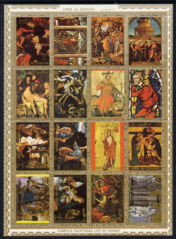 Umm Al Qiwain 1972 Paintings (Life of Christ #1) sheetlet containing 16 values (Mi 970-85) unmounted mint, stamps on , stamps on  stamps on arts, stamps on stained glass, stamps on religion