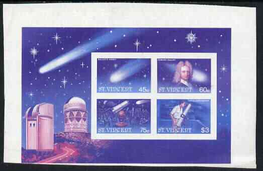 St Vincent 1986 Halleys Comet m/sheet imperf proof in magenta & blue colours only unmounted mint, as SG MS 977, stamps on space, stamps on telescope, stamps on halley