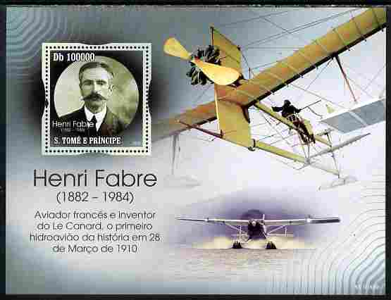 St Thomas & Prince Islands 2010 Henri Fabre (aviator) perf s/sheet unmounted mint , stamps on personalities, stamps on aviation, stamps on flying boats, stamps on 