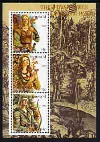 Bernera 2000 The Adventures of Robin Hood #1 perf sheetlet containing 3 values unmounted mint (Shows Little John, Marion & Robin), stamps on , stamps on  stamps on history, stamps on  stamps on heritage, stamps on  stamps on literature, stamps on  stamps on archery