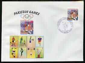 Pakistan 2004 commem cover for Pakistan Games with special illustrated cancellation for Fourth Cricket test - Pakistan v India (cover shows Football, Tennis, Running, Skate-boarding, Skiing, weights & Golf), stamps on , stamps on  stamps on sport, stamps on  stamps on cricket, stamps on  stamps on football, stamps on  stamps on tennis, stamps on  stamps on running, stamps on  stamps on skate boards, stamps on  stamps on skiing, stamps on  stamps on weightlifting, stamps on  stamps on golf