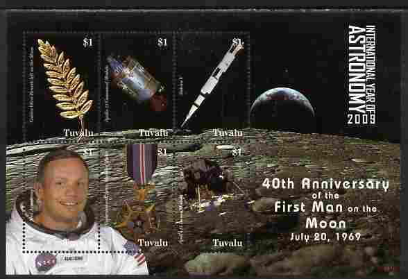 Tuvalu 2009 40th Anniversary of Moon Landing perf sheetlet containing 6 values unmounted mint, stamps on personalities, stamps on space, stamps on apollo, stamps on 