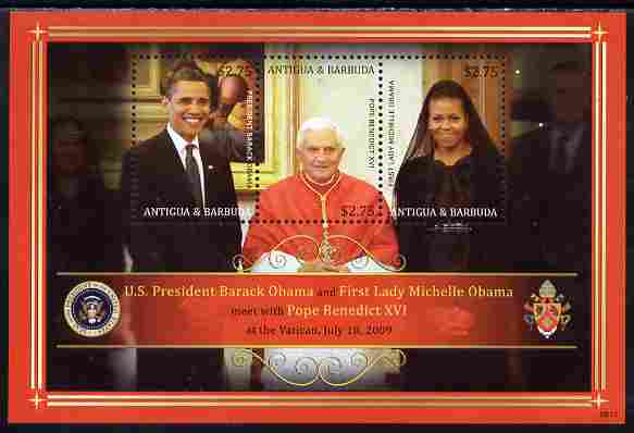 Antigua 2009 Barack Obama meets Pope Benedict perf sheetlet containing 3 values unmounted mint, stamps on personalities, stamps on nobel, stamps on peace, stamps on usa presidents, stamps on american, stamps on masonics, stamps on masonry, stamps on obama, stamps on pope, stamps on popes