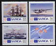 Samoa 1986 Ameripex Stamp Exhibition perf set of 4 unmounted mint, SG 731-34, stamps on postal, stamps on ships, stamps on aviation, stamps on parachutes, stamps on space, stamps on seaplanes, stamps on stamp exhibitions