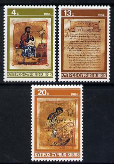 Cyprus 1984 Christmas (Illuminated Gospels) set of 3 unmounted mint, SG 645-47*, stamps on , stamps on  stamps on christmas, stamps on religion, stamps on arts, stamps on bibles