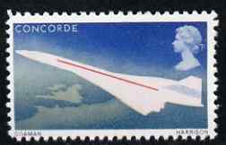 Great Britain 1969 First Flight of Concorde 4d with violet (value) omitted,  'Maryland' perf forgery 'unused', as SG 784a - the word Forgery is either handstamped or printed on the back and comes on a presentation card with descriptive notes, stamps on , stamps on  stamps on maryland, stamps on  stamps on forgery, stamps on  stamps on forgeries