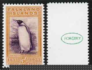 Falkland Islands 1933 Centenary 5s King Penguin,  'Maryland' perf 'unused' forgery, as SG 136 - the word Forgery is either handstamped or printed on the back and comes on a presentation card with descriptive notes, stamps on maryland, stamps on forgery, stamps on forgeries, stamps on , stamps on  kg5 , stamps on , stamps on penguins, stamps on birds, stamps on polar