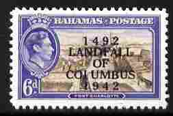 Bahamas 1942 KG6 Landfall of Columbus opt on Fort Charlotte 4d with 'COIUMBUS' error  'Maryland' perf 'unused' forgery, as SG 168a - the word Forgery is either handstamped or printed on the back and comes on a presentation card with descriptive notes, stamps on , stamps on  stamps on maryland, stamps on  stamps on forgery, stamps on  stamps on forgeries, stamps on  stamps on  kg6 , stamps on  stamps on forts