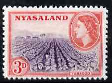Nyasaland 1953 Tobacco 3d  'Maryland' perf 'unused' forgery, as SG 178 - the word Forgery is either handstamped or printed on the back and comes on a presentation card with descriptive notes