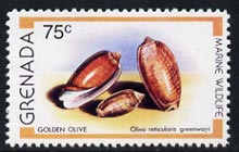 Grenada 1979 Golden Olive Shell 75c (instead of 60c)  'Maryland' perf 'unused' forgery, as SG 1011 - the word Forgery is either handstamped or printed on the back and comes on a presentation card with descriptive notes, stamps on , stamps on  stamps on maryland, stamps on  stamps on forgery, stamps on  stamps on forgeries, stamps on  stamps on  kg6 , stamps on  stamps on ships