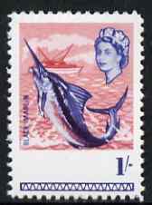 Fiji 1968 Black Marlin 1s (with Country omitted)  'Maryland' perf 'unused' forgery, as SG 379 - the word Forgery is either handstamped or printed on the back and comes on a presentation card with descriptive notes, stamps on , stamps on  stamps on maryland, stamps on  stamps on forgery, stamps on  stamps on forgeries, stamps on  stamps on fish