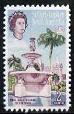 St Kitts-Nevis 1963 Pall Mall Square 2c (with white Fountains & Church)  'Maryland' perf 'unused' forgery, as SG 131a - the word Forgery is either handstamped or printed on the back and comes on a presentation card with descriptive notes, stamps on , stamps on  stamps on maryland, stamps on  stamps on forgery, stamps on  stamps on forgeries, stamps on  stamps on churches