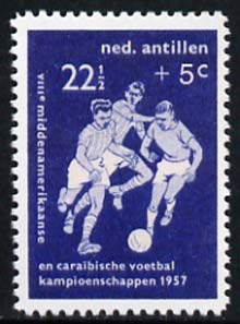 Netherlands Antilles 1957 Football 22.5c + 5c (instead of +7.5c)  'Maryland' perf 'unused' forgery, as SG 365 - the word Forgery is either handstamped or printed on the back and comes on a presentation card with descriptive notes, stamps on , stamps on  stamps on forgery, stamps on  stamps on forgeries, stamps on  stamps on football, stamps on  stamps on maryland, stamps on  stamps on sport