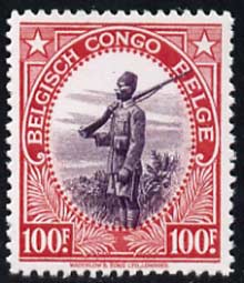 Belgian Congo 1942-43 Askari Sentry 100f  'Maryland' perf 'unused' forgery, as SG 250 - the word Forgery is either handstamped or printed on the back and comes on a presentation card with descriptive notes, stamps on , stamps on  stamps on forgery, stamps on  stamps on forgeries, stamps on  stamps on militaria, stamps on  stamps on police, stamps on  stamps on maryland