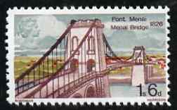 Great Britain 1968 Bridges 1s6d Menai Bridge with gold (Queen's Head) omitted  'Maryland' perf 'unused' forgery, as SG 765a - the word Forgery is either handstamped or printed on the back and comes on a presentation card with descriptive notes, stamps on , stamps on  stamps on maryland, stamps on  stamps on forgery, stamps on  stamps on forgeries