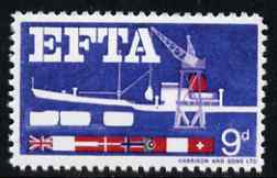 Great Britain 1967 EFTA 9d (Sea Freight) with black, brown, new blue & yellow omitted  'Maryland' perf 'unused' forgery, as SG 715a - the word Forgery is either handstamped or printed on the back and comes on a presentation card with descriptive notes, stamps on , stamps on  stamps on maryland, stamps on  stamps on forgery, stamps on  stamps on forgeries, stamps on  stamps on ships