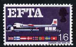 Great Britain 1967 EFTA 1s6d (Air Freight) with brown omitted  'Maryland' perf 'unused' forgery, as SG 716c - the word Forgery is either handstamped or printed on the back and comes on a presentation card with descriptive notes, stamps on maryland, stamps on forgery, stamps on forgeries, stamps on trucks, stamps on aviation