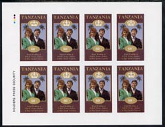 Tanzania 1986 Royal Wedding (Andrew & Fergie) the unissued 60s value in complete imperf sheet of 8 unmounted mint, stamps on royalty, stamps on andrew, stamps on fergie, stamps on 