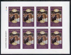 Tanzania 1986 Royal Wedding (Andrew & Fergie) the unissued 80s value in complete imperf sheet of 8 unmounted mint, stamps on , stamps on  stamps on royalty, stamps on  stamps on andrew, stamps on  stamps on fergie, stamps on  stamps on 