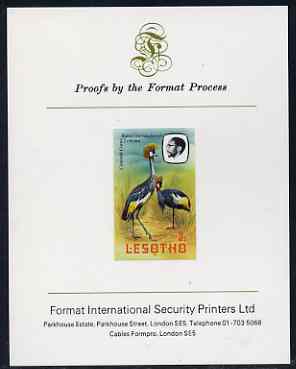 Lesotho 1982 Crowned Crane 3s imperf proof mounted on Format International proof card (as SG 502), stamps on , stamps on  stamps on lesotho, stamps on  stamps on birds, stamps on  stamps on cranes, stamps on  stamps on 