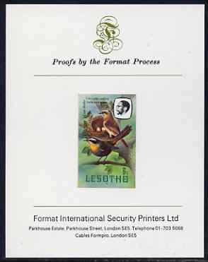 Lesotho 1982 Cape Robin Chat 6s imperf proof mounted on Format International proof card (as SG 504), stamps on , stamps on  stamps on lesotho, stamps on  stamps on birds, stamps on  stamps on robin, stamps on  stamps on 