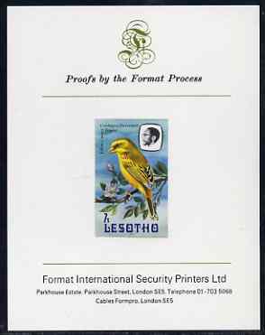 Lesotho 1982 Yellow Canary 7s imperf proof mounted on Format International proof card (as SG 505), stamps on lesotho, stamps on birds, stamps on canary, stamps on 