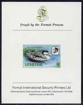 Lesotho 1982 Red Billed Teal 10s imperf proof mounted on Format International proof card (as SG 506), stamps on , stamps on  stamps on lesotho, stamps on  stamps on birds, stamps on  stamps on teal, stamps on  stamps on ducks, stamps on  stamps on 