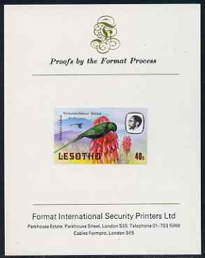 Lesotho 1982 Malachite Sunbird 40s imperf proof mounted on Format International proof card (as SG 508), stamps on , stamps on  stamps on lesotho, stamps on  stamps on birds, stamps on  stamps on sunbird